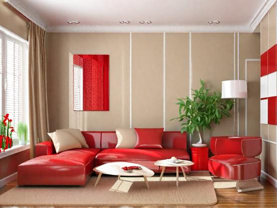 Bright red couch white table