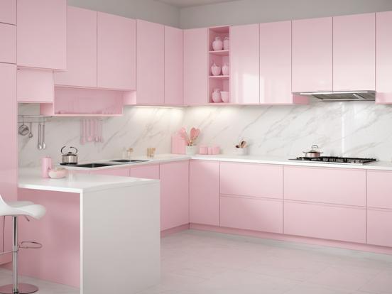 Closeup pink kitchen white cabinets