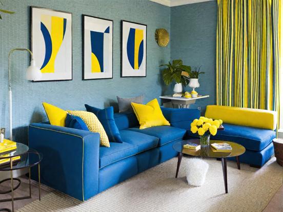 Bright blue yellow living room