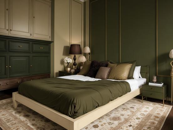 Green bedroom with arafed bed