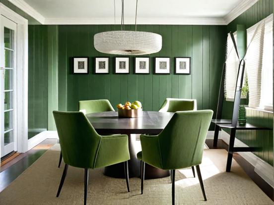 Green table chairs vase setup