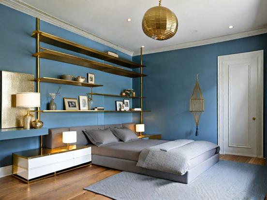 Cozy blue gold bedroom decor