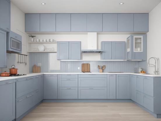 Blue kitchen CG render wood floor