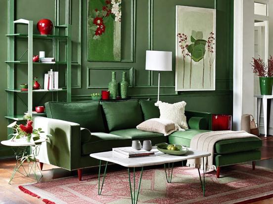 Bright green red living room