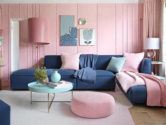 Bright blue couch pink room