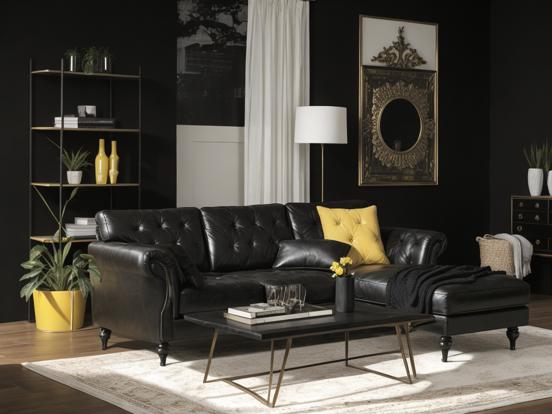 Black leather couch yellow pillows