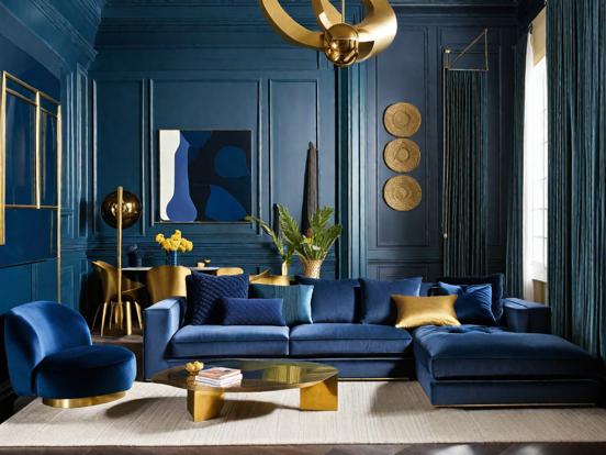 Blue couch gold table living room