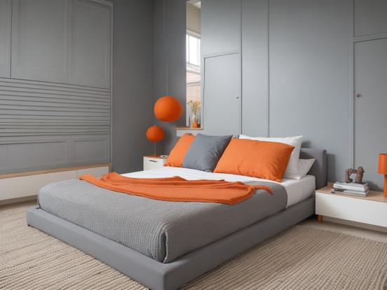 Grey bed orange pillows_striped