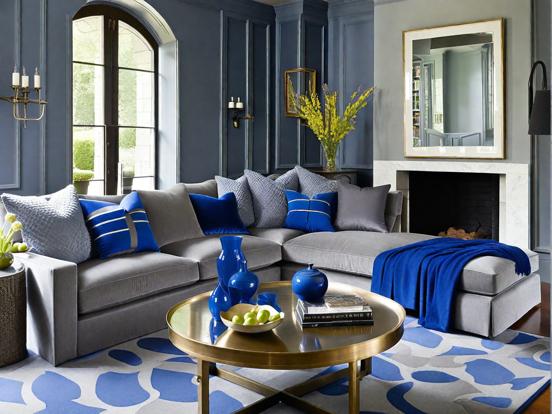 Blue living room couch fireplace