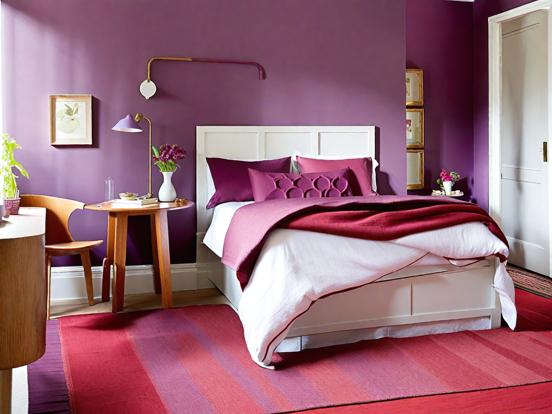 Purple bedroom white bed red rug