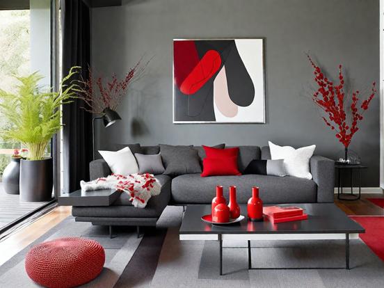 Bright red black living room