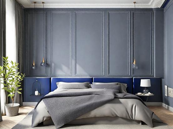 Blue headboard bed grey decor