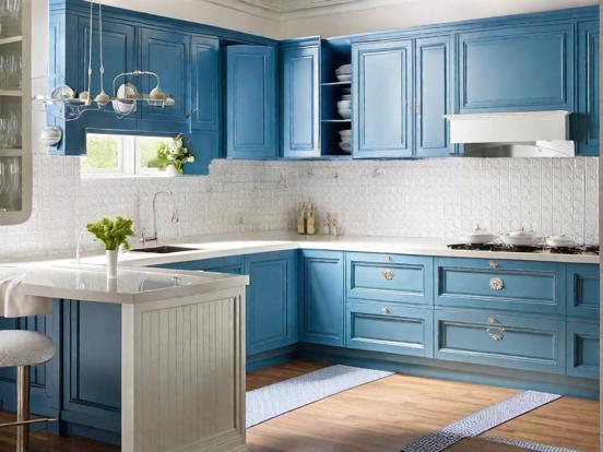 Blue kitchen closeup wood cabinets