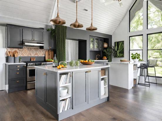 Bright kitchen island wood floor