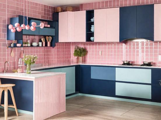 Closeup Nordic kitchen pink blue