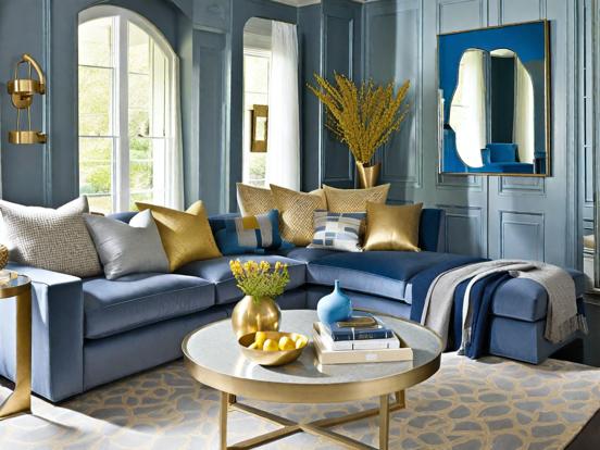 Blue gold living room decor