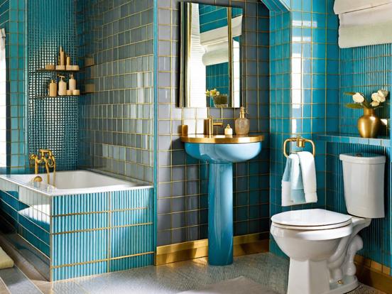 Blue gold tiled luxe bathroom