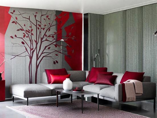 Red brown grey living room