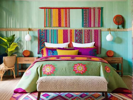 Colorful bed closeup with bench