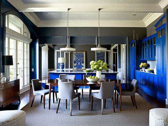 Blue dining room white table