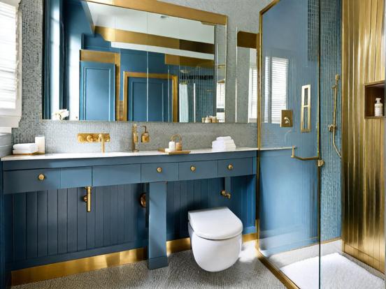 Blue gold bathroom brass accents