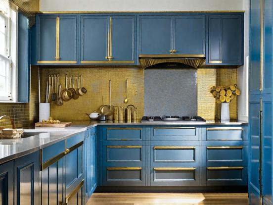 Blue gold kitchen closeup