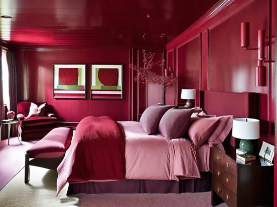 Red bedroom purple bed bright