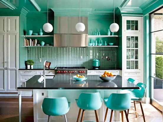 Modern teal kitchen island setup