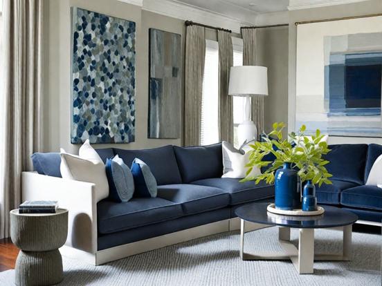 Blue couch in chic living room