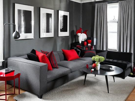 Living room with red black couch