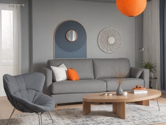 Modern gray couch wooden table