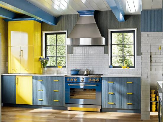 Blue yellow kitchen closeup