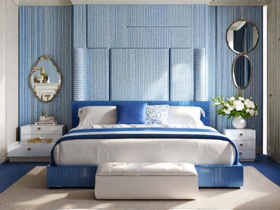 Blue headboard white stool