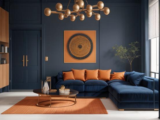 Living room with blue orange decor