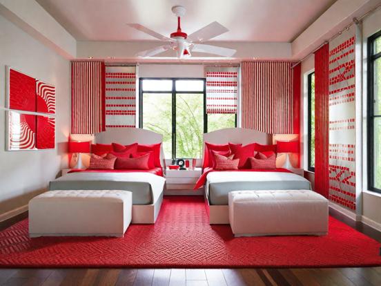 Red white bedroom fan decor