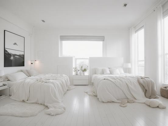 White bedroom two beds window