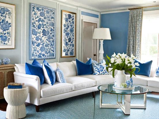 Blue white living room decor