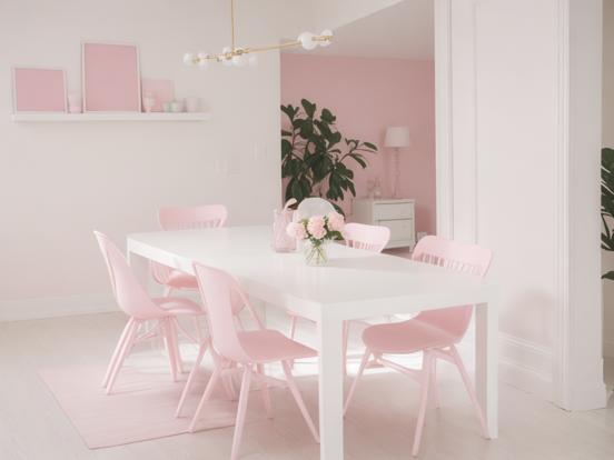 White table pink chairs vase