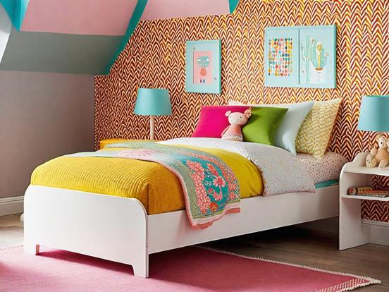 Girly bedroom with bright bedding