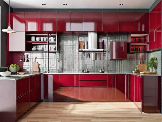 Red white luxury kitchen closeup