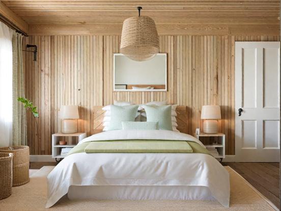 White bed serene wood room