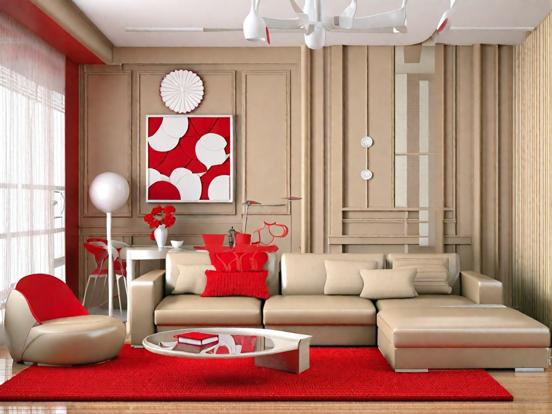 Cozy living room red couch rug