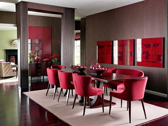 Red dining room table chairs rug