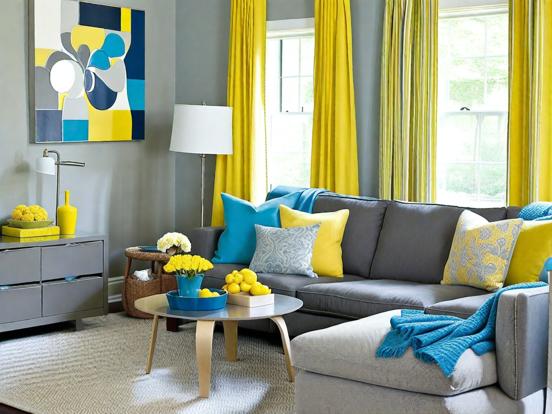 Living room blue yellow decor