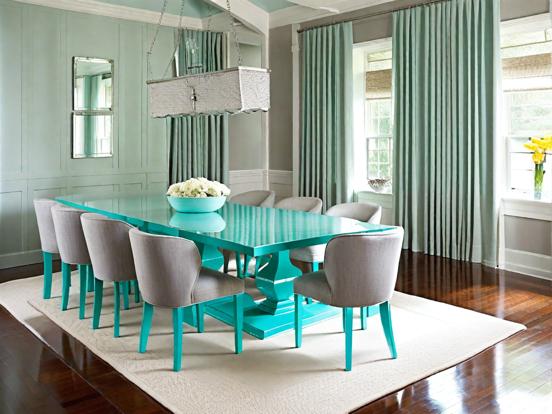 Teal dining room with decor