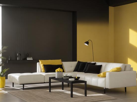 Modern living room white couch yellow accents