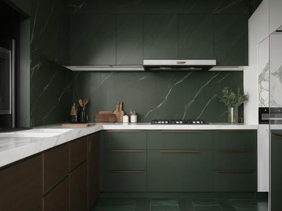 Dark green luxury kitchen closeup