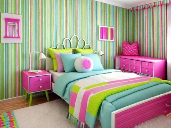 Closeup girly bed striped wall