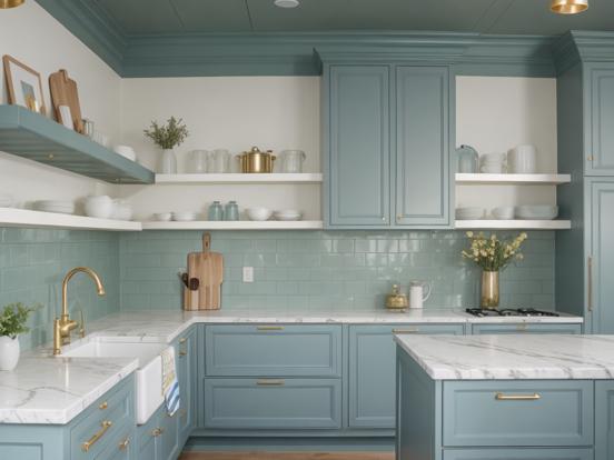 Blue kitchen teal gold accents