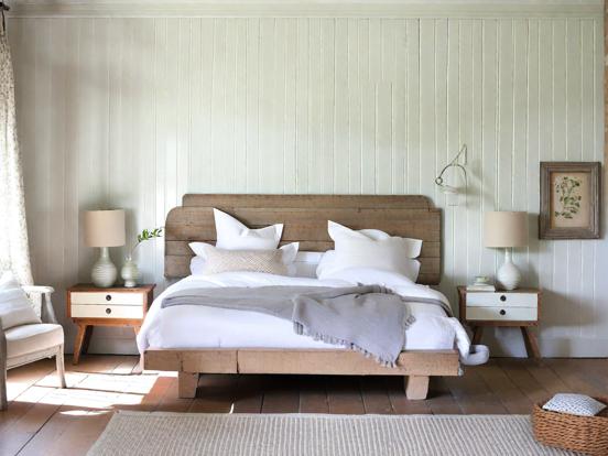 White linen bed serene room